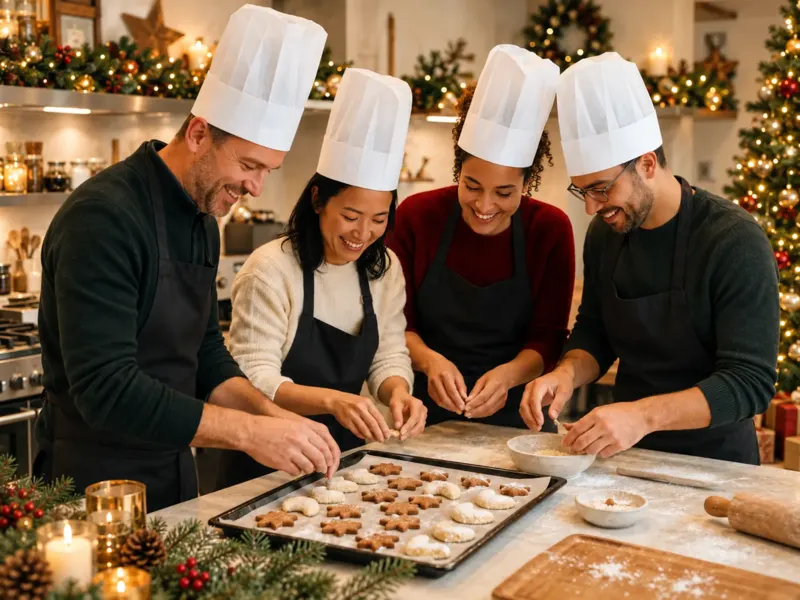 Participants réalisant dix douceurs lors d’un atelier de Noël en entreprise