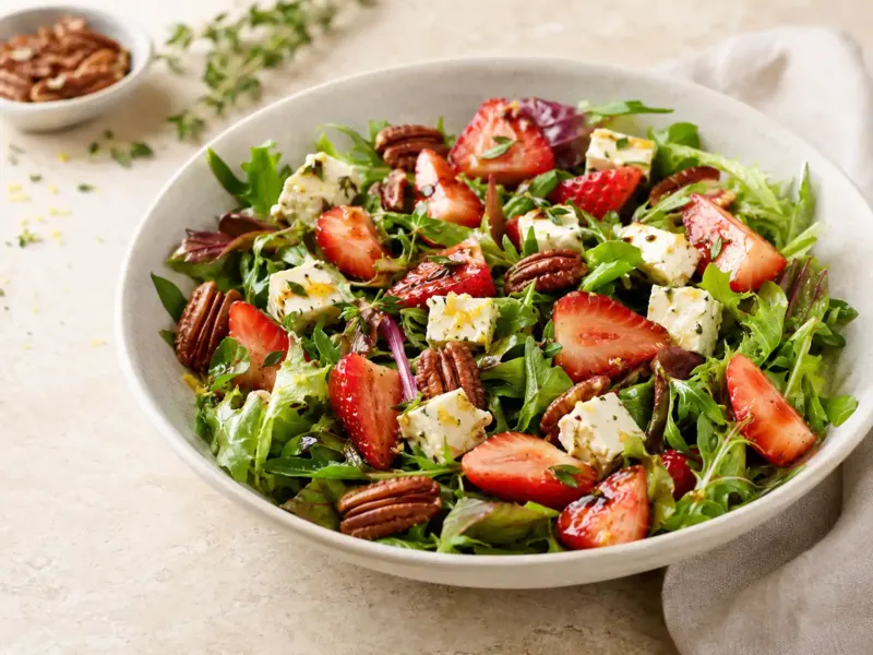 Salade de jeunes pousses, fraises, feta et noix de pécan