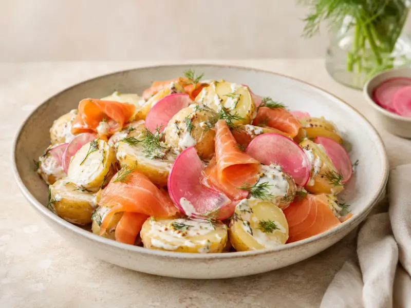 Salade de pommes de terre, saumon fumé et pickles de radis