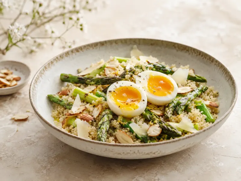 Salade de quinoa, asperges vertes, oeuf mollet et amandes