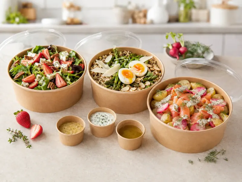 Trois salades composées en bols kraft à emporter avec sauces