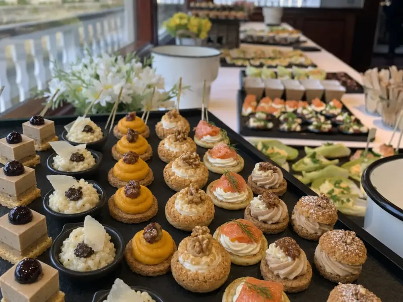 Buffet de bouchées variées, choux, blinis au saumon et verrines