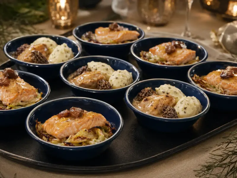 Bols bleus de saumon, purée et morilles servis en petites portions