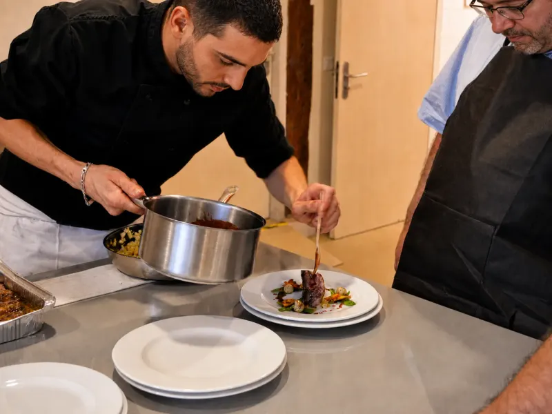 Centre de table festif avec bougie, feuillage et boules rouges de Noël