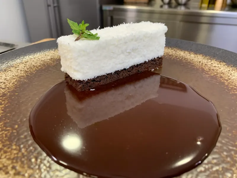 Entremets coco sur biscuit chocolat, miroir chocolat, menthe