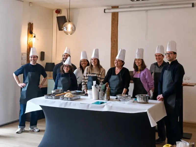 Groupe en toques et tabliers posant en atelier