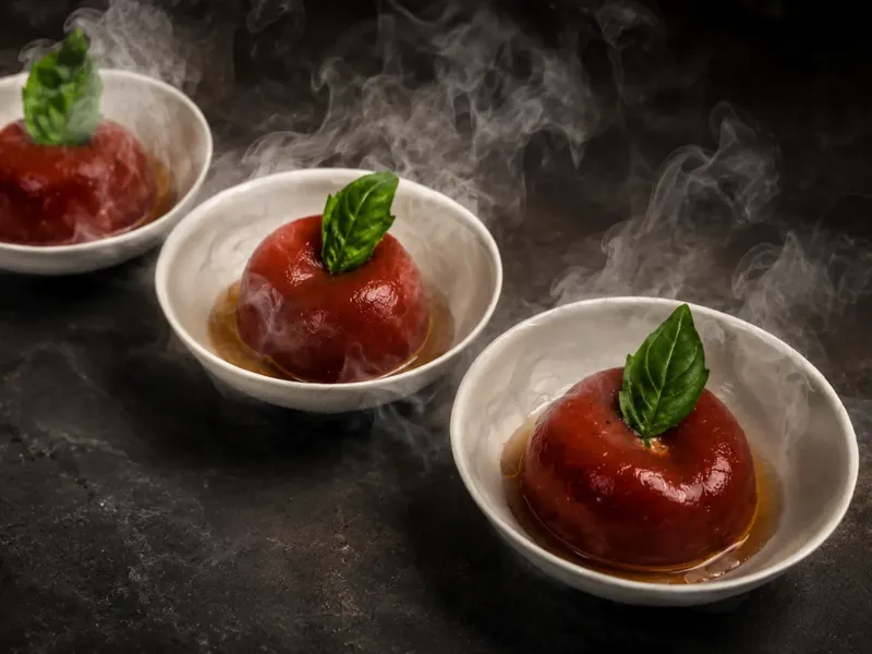 Fausses tomates burrata dans des bols sous vapeur d'azote