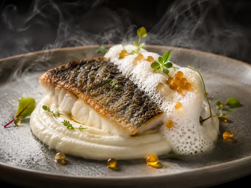 Filet de bar croustillant, mousseline de céleri et perles de miel