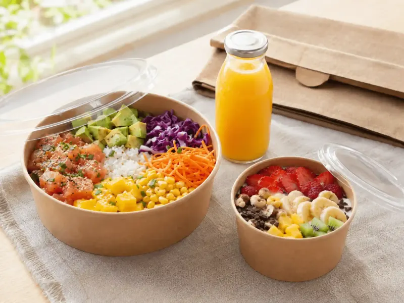 Poke bowl et bol de fruits à emporter avec jus d'orange