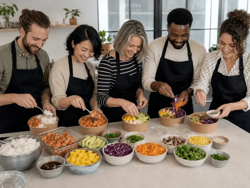 Cinq participants en tablier composant leurs poke bowls