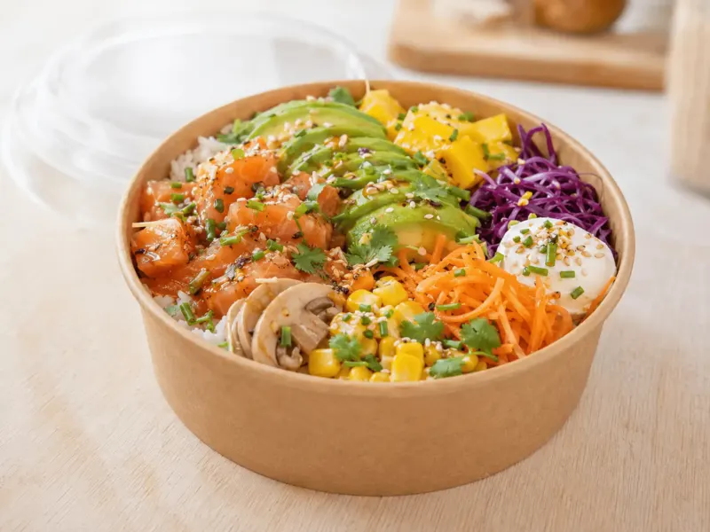 Poke bowl salé au saumon, avocat, mangue et chou rouge