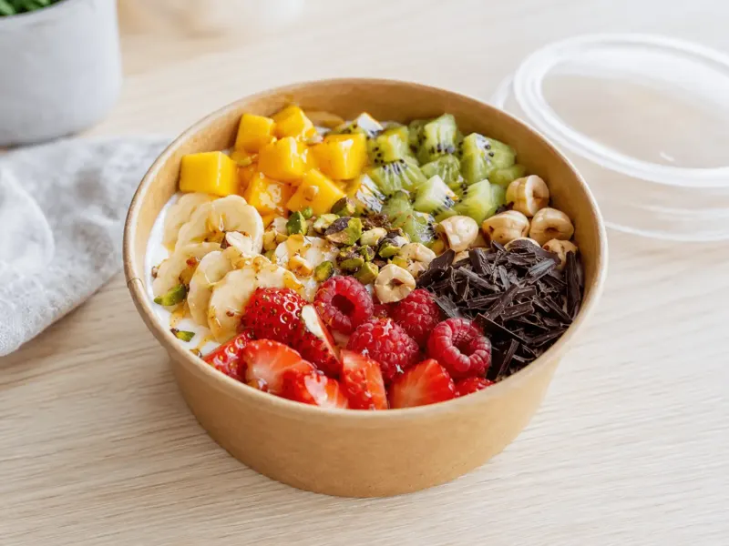 Poke bowl sucré au yaourt, fruits frais, chocolat et noisettes