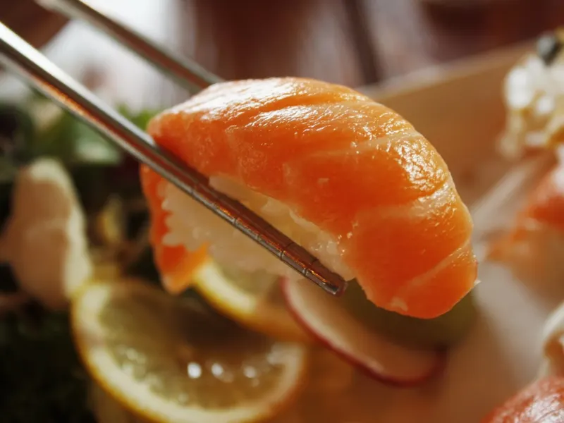 Nigiri au saumon tenu entre des baguettes en gros plan