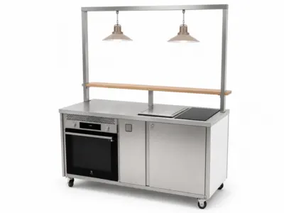 Cuisine mobile : meuble double cuisson & rangement avec bar et lumières intégrées
